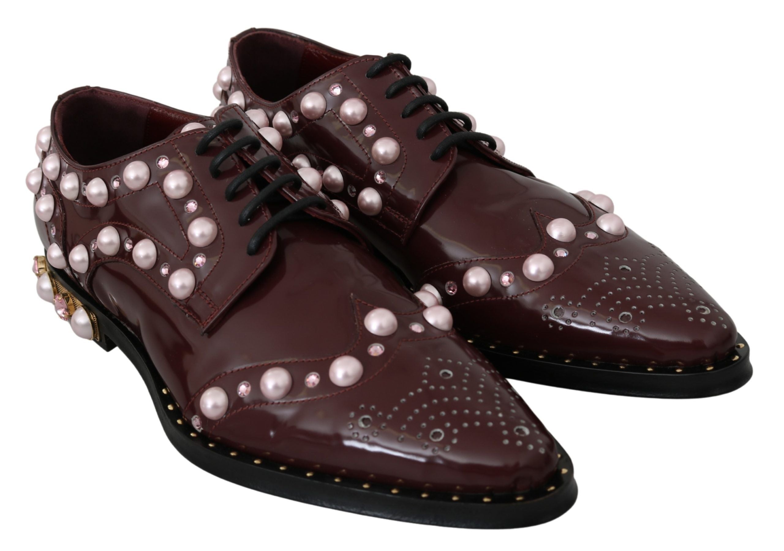 Dolce & Gabbana Elegant Bordeaux Lace-Up Flats with Pearls and Women's Crystals