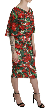 Dolce & Gabbana Red Floral Sheath Midi Silk Stretch Women's Dress