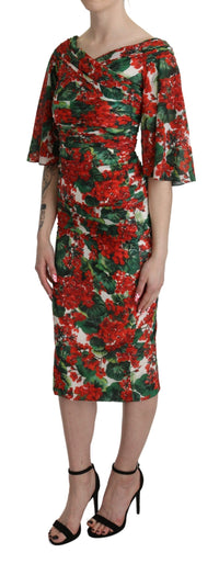 Dolce & Gabbana Red Floral Sheath Midi Silk Stretch Women's Dress