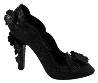 Dolce & Gabbana Black Floral Crystal CINDERELLA Heels Women's Shoes