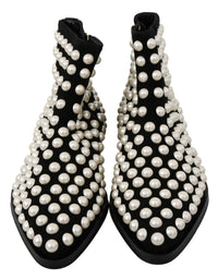 Dolce & Gabbana Black Suede Pearl Studs Boots Women's Shoes