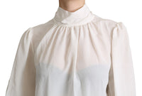 Dolce & Gabbana White Silk Pussy Bow Long Sleeved Top Women's Blouse