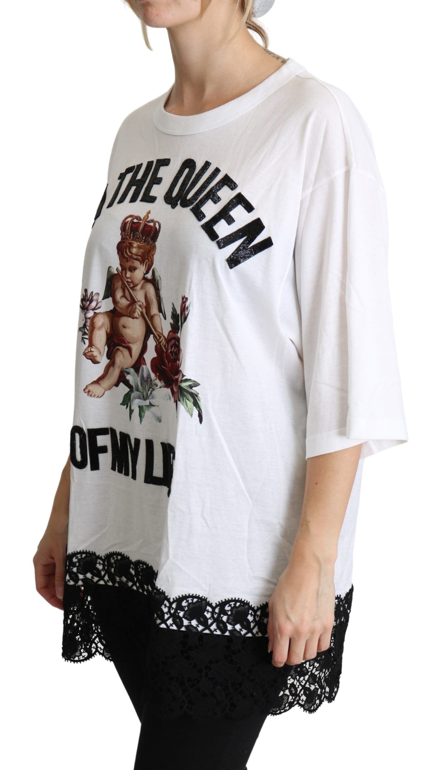 Dolce & Gabbana White Angel Print Cotton Round Neck Shirt Women's Tops