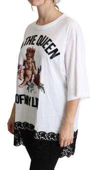 Dolce & Gabbana White Angel Print Cotton Round Neck Shirt Women's Tops