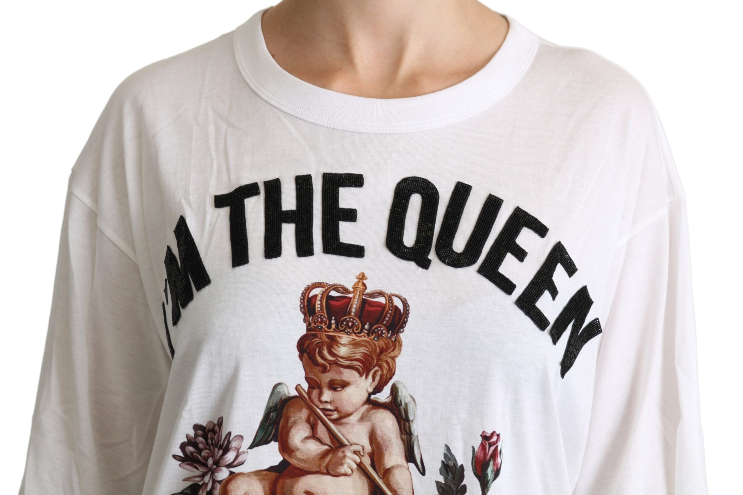 Dolce & Gabbana White Angel Print Cotton Round Neck Shirt Women's Tops