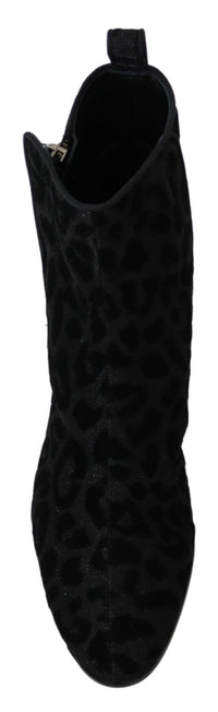 Dolce & Gabbana Black Leopard Short Boots Zipper Women's Shoes