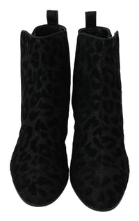 Dolce & Gabbana Black Leopard Short Boots Zipper Women's Shoes