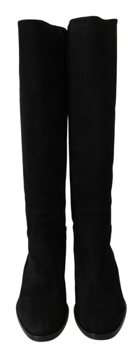 Dolce & Gabbana Black Suede Knee High Flat Boots Women's Shoes