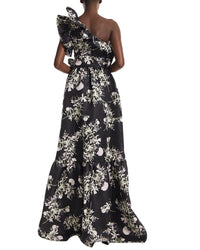 Monique Lhuillier One Shoulder Ruffle Silk Gown