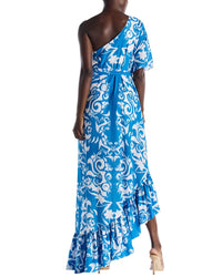 Monique Lhuillier One-Shoulder Printed Caftan Gown