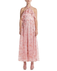 Monique Lhuillier Halter Ruffle Front Silk-Lined Cocktail Dress