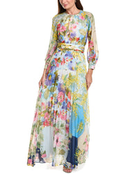 Teri Jon by Rickie Freeman Teri Jon By Rickie Freeman Long Full Sleeve Patchwork Print Pleated Gown