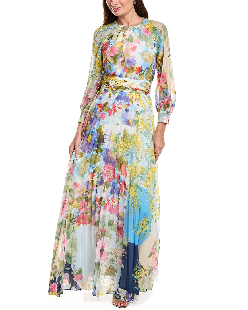 Teri Jon by Rickie Freeman Teri Jon By Rickie Freeman Long Full Sleeve Patchwork Print Pleated Gown