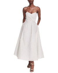 Marchesa Notte Strapless Tea-Length Cloque Dress Green