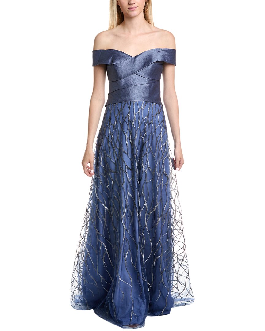 Rene Ruiz Banded Off-The-Shoulder Metallic Tulle Gown
