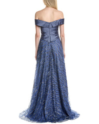 Rene Ruiz Banded Off-The-Shoulder Metallic Tulle Gown