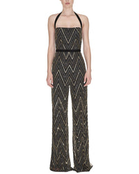 Reem Acra Beaded Jumpsuit Black Gold 4