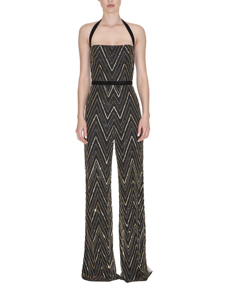 Reem Acra Beaded Jumpsuit Black Gold 4