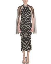 Reem Acra Beaded Halter Midi Dress Black Silver 8