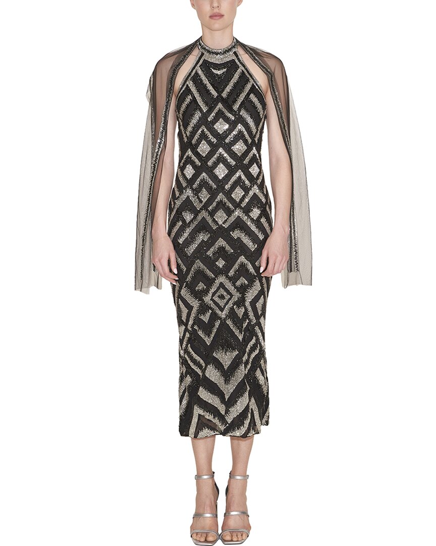 Reem Acra Beaded Halter Midi Dress Black Silver 8