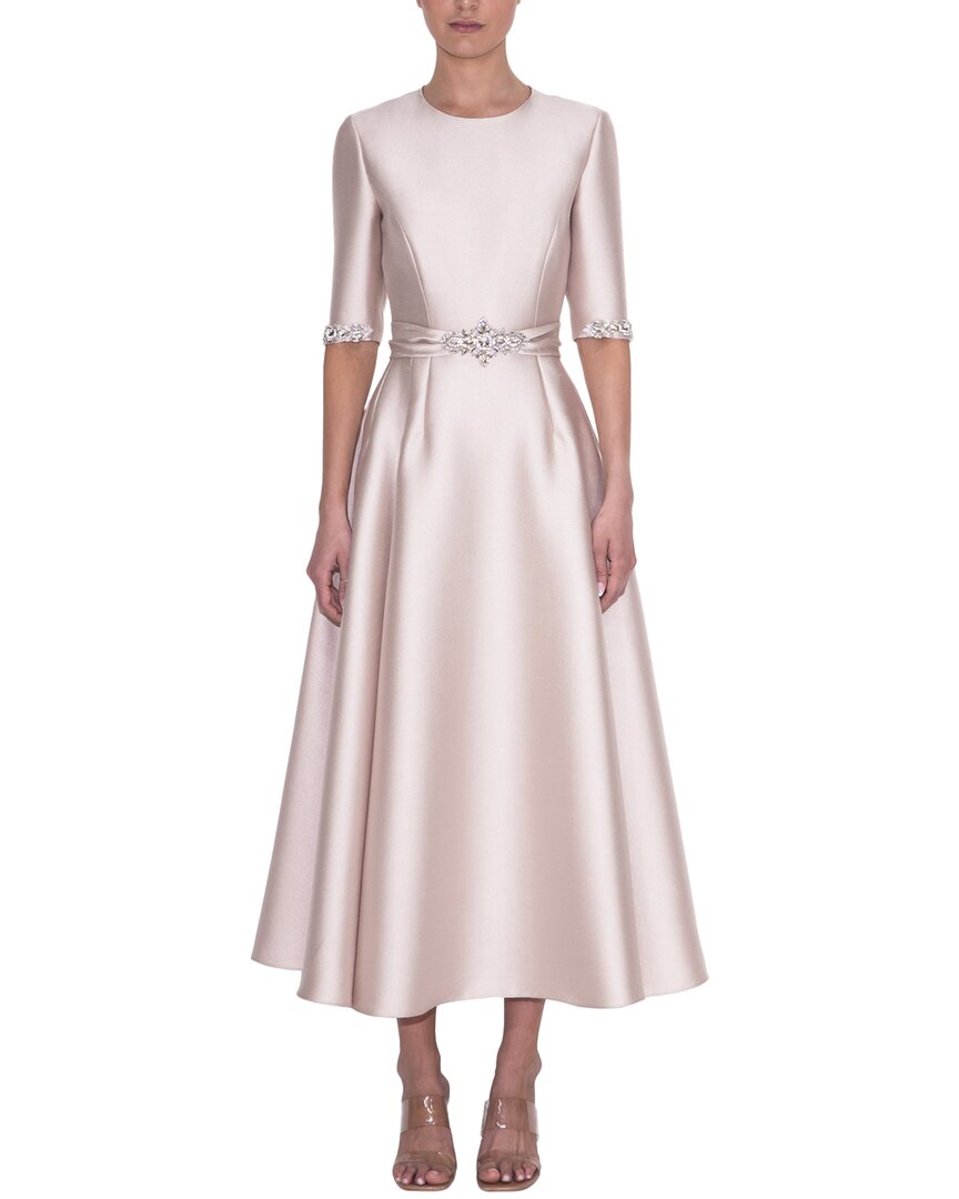 Reem Acra Jewel Neck Mikado Tea-Length Dress Champagne