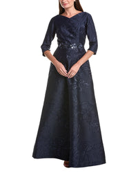 Teri Jon by Rickie Freeman Teri Jon By Rickie Freeman Floral Metallic Jacquard A-Line Beaded Belt Gown