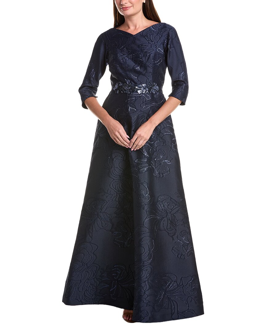Teri Jon by Rickie Freeman Teri Jon By Rickie Freeman Floral Metallic Jacquard A-Line Beaded Belt Gown