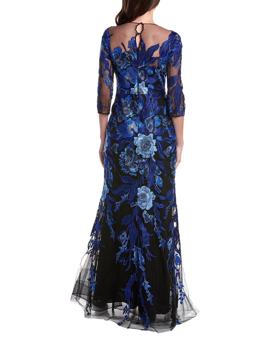 Teri Jon By Rickie Freeman Embroidered Tulle Floral 3/4 Sleeve Gown