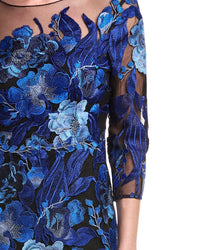 Teri Jon By Rickie Freeman Embroidered Tulle Floral 3/4 Sleeve Gown