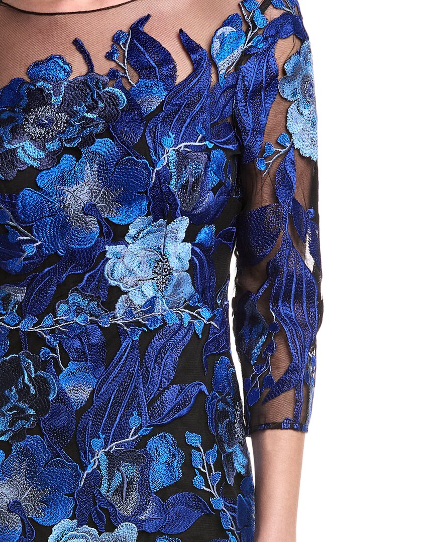 Teri Jon By Rickie Freeman Embroidered Tulle Floral 3/4 Sleeve Gown