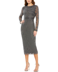 Mac Duggal Beaded Tea Length Sheath With Sheer Sleeves