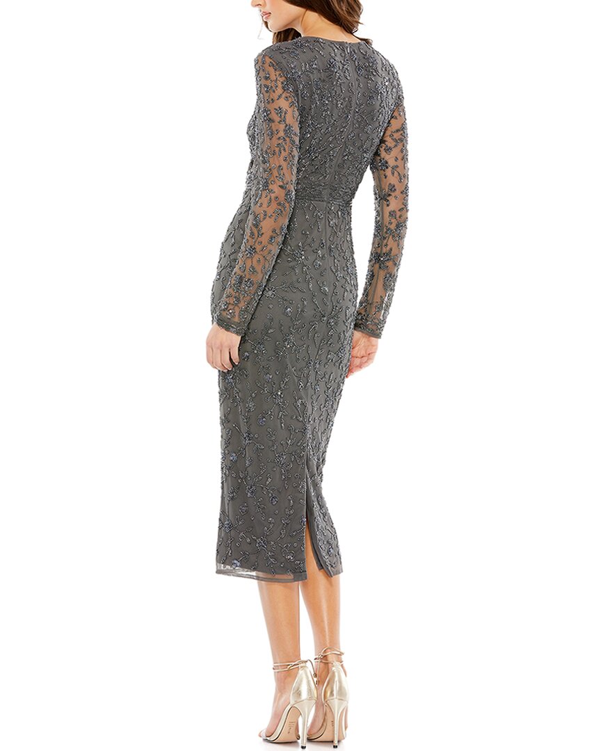 Mac Duggal Beaded Tea Length Sheath With Sheer Sleeves