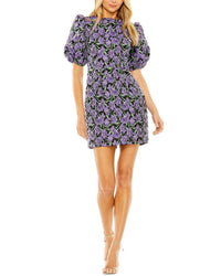 Mac Duggal Bubble Sleeve Brocade Mini Dress Purple Multi