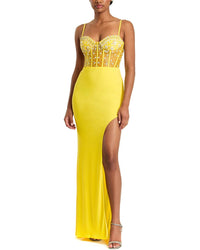 Mac Duggal Spaghetti Strap Beaded Sheer Bodice Gown Lemon
