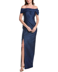 Teri Jon By Rickie Freeman Jacquard Asymmetrical Portrait Bow Shoulder Gown