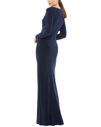 Mac Duggal Long Sleeve Ruched Jersey V-Neck Gown