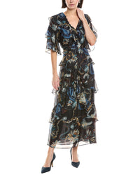 Marchesa Notte Printed Silk-Blend Ruffle Midi Dress