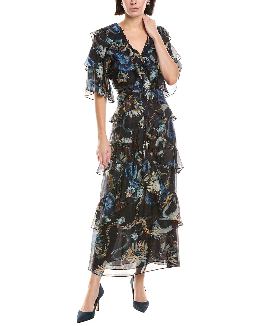 Marchesa Notte Printed Silk-Blend Ruffle Midi Dress
