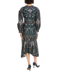 Marchesa Notte Printed V-Neck Midi Dress