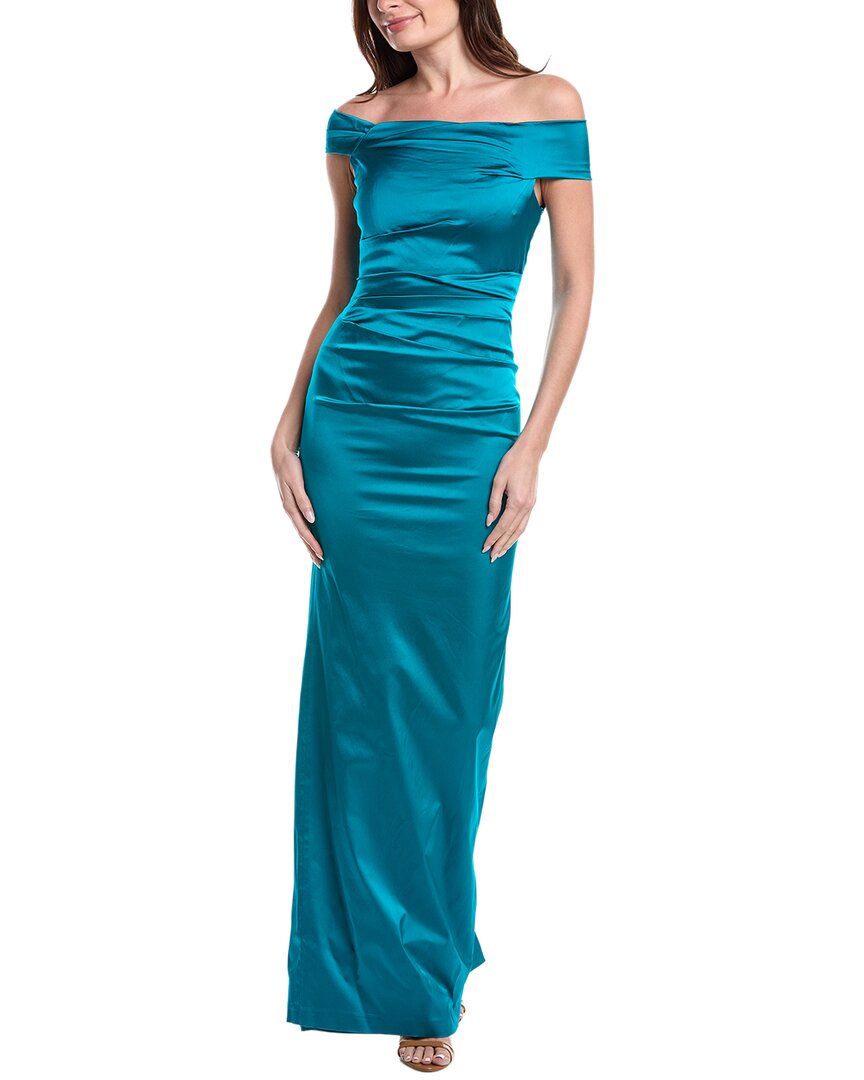 Teri Jon By Rickie Freeman Satin Ruched Asymmetrical Off Shoulder Gown