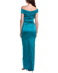 Teri Jon By Rickie Freeman Satin Ruched Asymmetrical Off Shoulder Gown