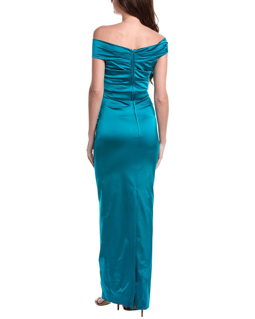 Teri Jon By Rickie Freeman Satin Ruched Asymmetrical Off Shoulder Gown