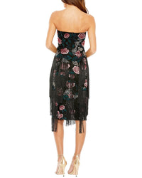 Mac Duggal Floral-Embossed Fringed Strapless Midi Dress