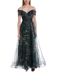 Rene Ruiz Draped A-Line Printed Organza Gown
