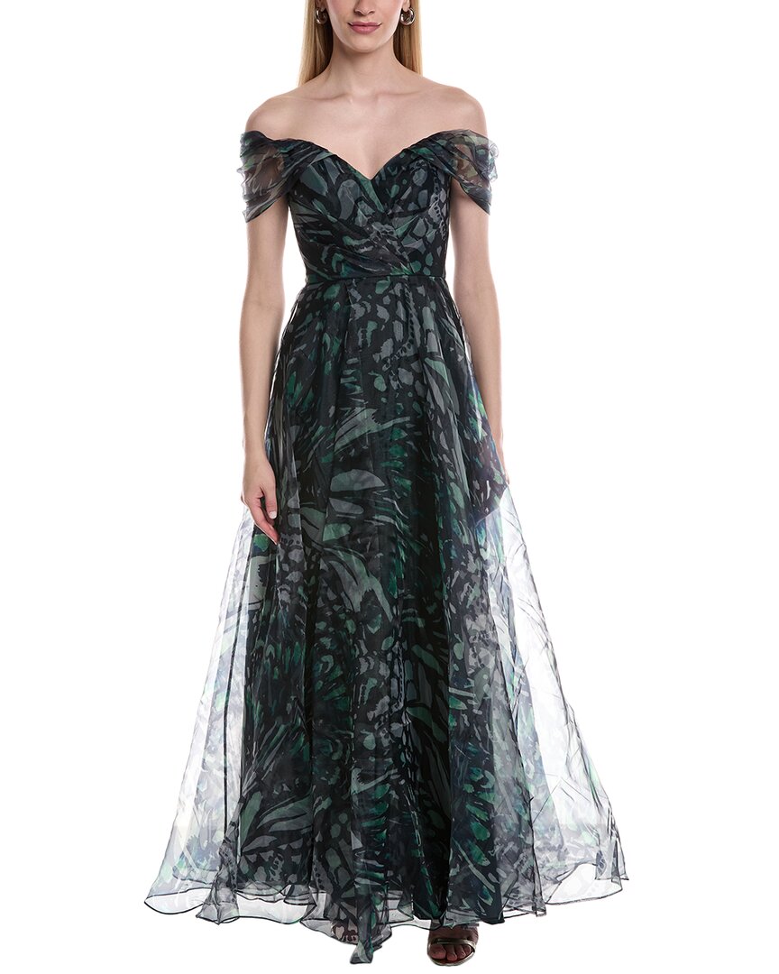 Rene Ruiz Draped A-Line Printed Organza Gown