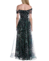Rene Ruiz Draped A-Line Printed Organza Gown