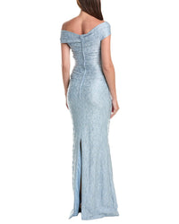 Teri Jon by Rickie Freeman Teri Jon By Rickie Freeman Metallic Jacquard Off-Shoulder Pleated Gown