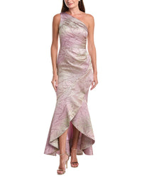Teri Jon by Rickie Freeman Teri Jon By Rickie Freeman Metallic Jacquard Leaf Pattern High-Low Dress