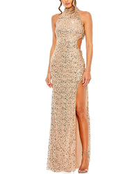 Mac Duggal Side Cut Out High-Neck Sequin Gown