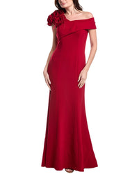 Teri Jon By Rickie Freeman Crepe Asymmetrical Flower & Feather Shoulder Gown